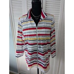 Chicos Weekends Jacket Women's 2 (L) Stripes Red Yellow Athleisure Nautical Rope
